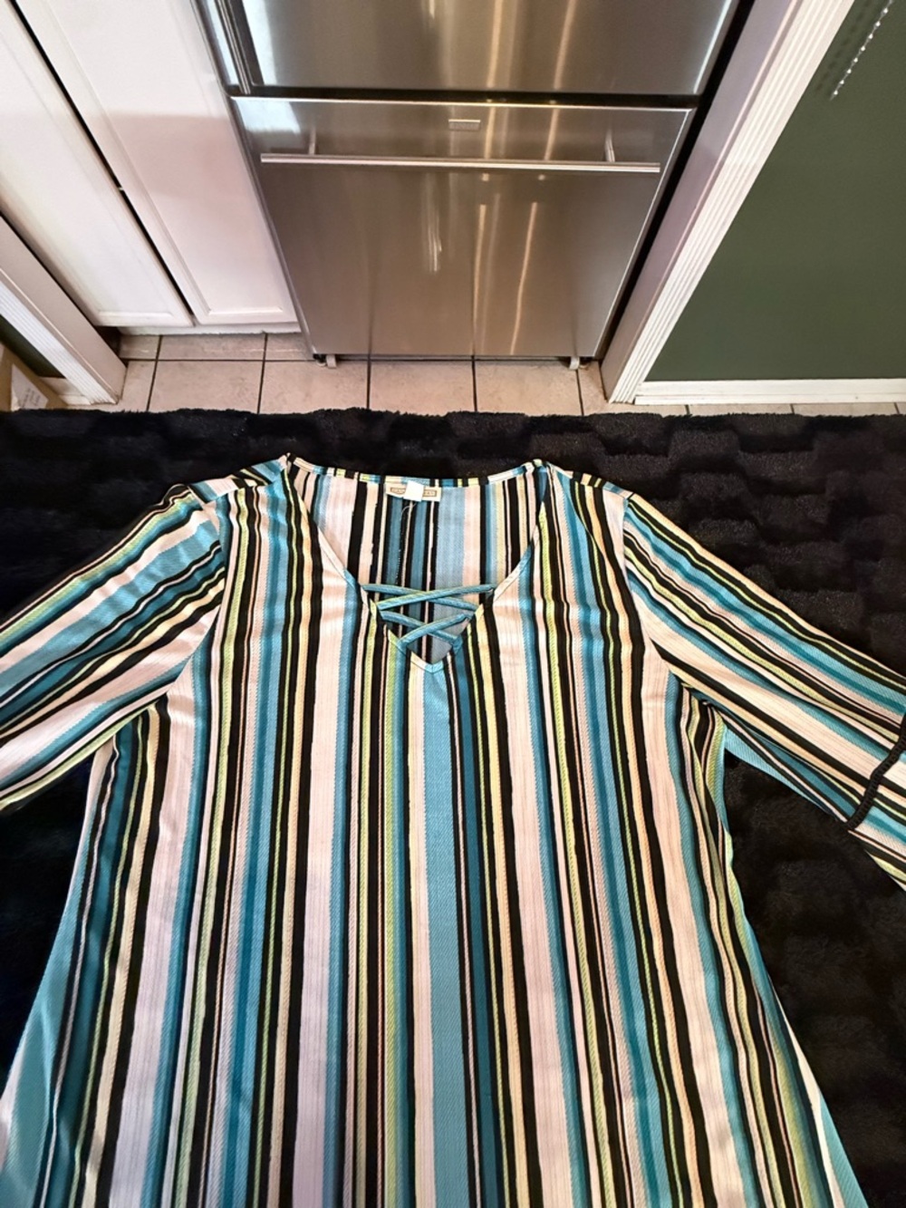 Dana Buchman Blue, Black & Cream Striped V-Neck Top